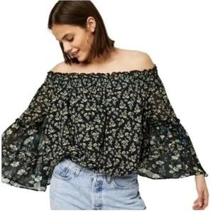 Free People Rose Valley Printed Blouse S Green Floral Off Shoulder Flowy Top
